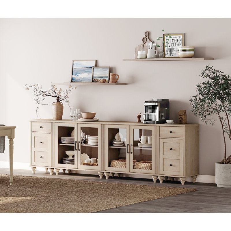 Scarlett Sideboard Cabinet with 4 Glass Doors and Multiple Drawers, Beige