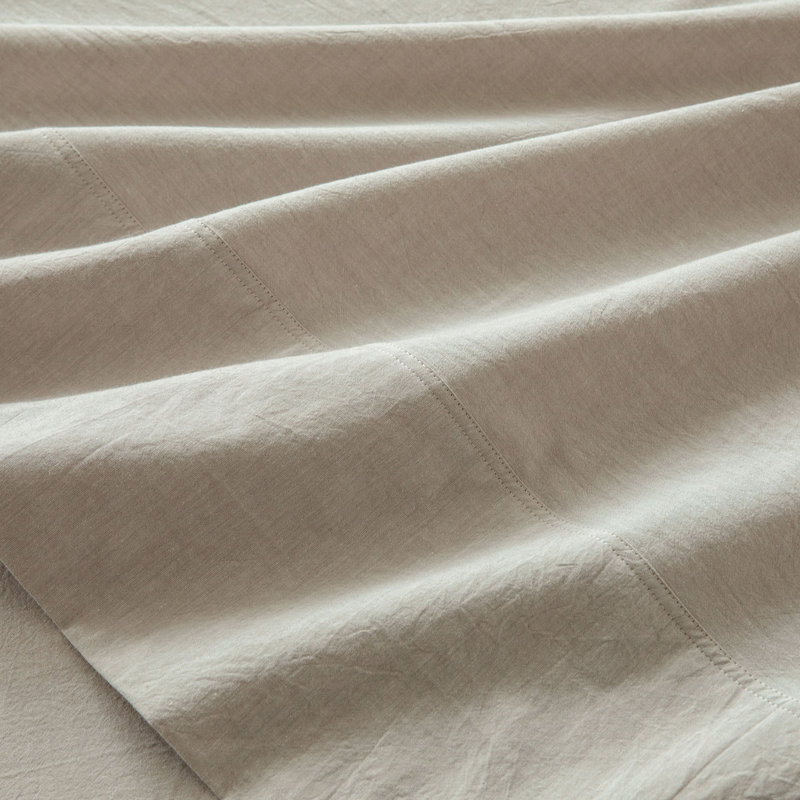Linen Like Textured Flat Sheet 100% Washed Cotton Breathable Durable Soft Comfy, Tannish Grey, Queen Flat Sheet