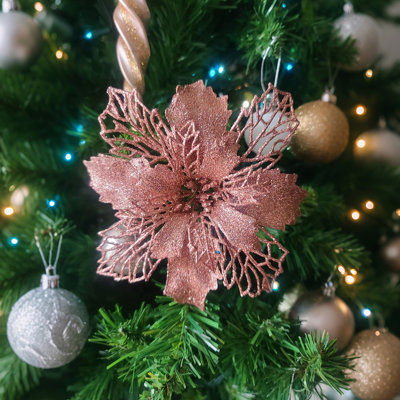 10 Pieces 4’’ Glitter Christmas Flowers Red Poinsettia Artificial Flower Christmas Tree Flowers Wreath Tree Ornaments