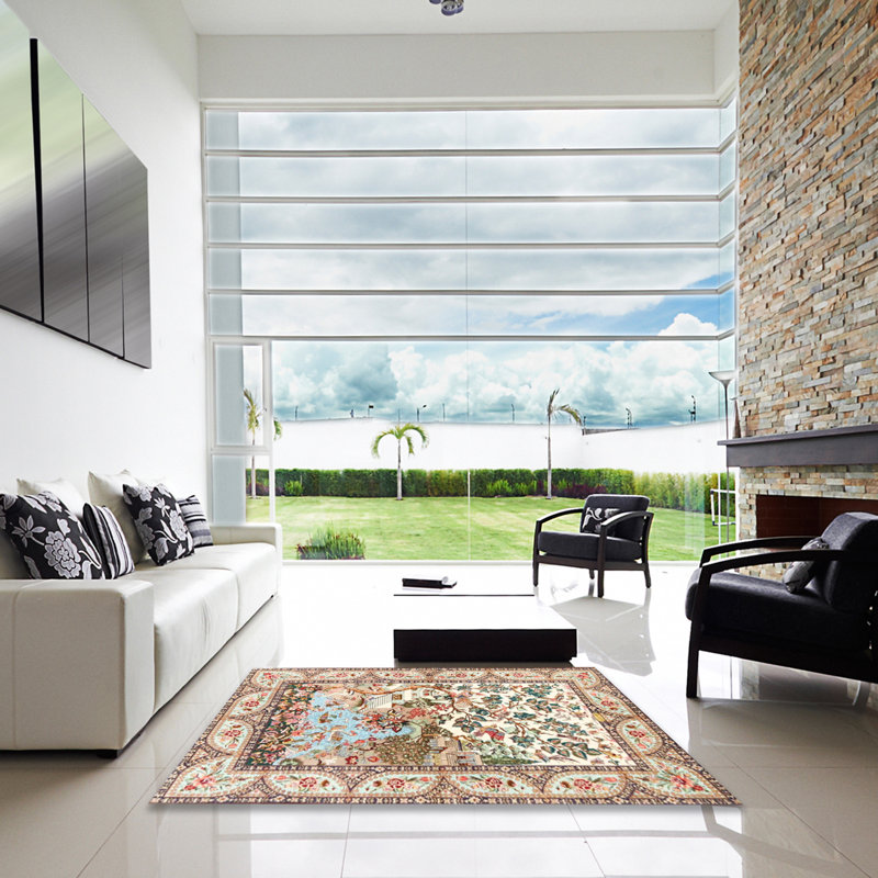 Tapis floral brun / beige / bleu à motif floral, Carré 3 pi