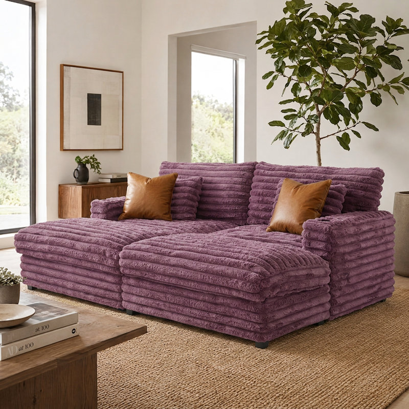 83.5" Plush Sofa Bed Chaise Lounge With Faux Rabbit Fur, USB Charging Ports, Cup Holders & Lumbar Pillows - Cozy Sleeper Couch