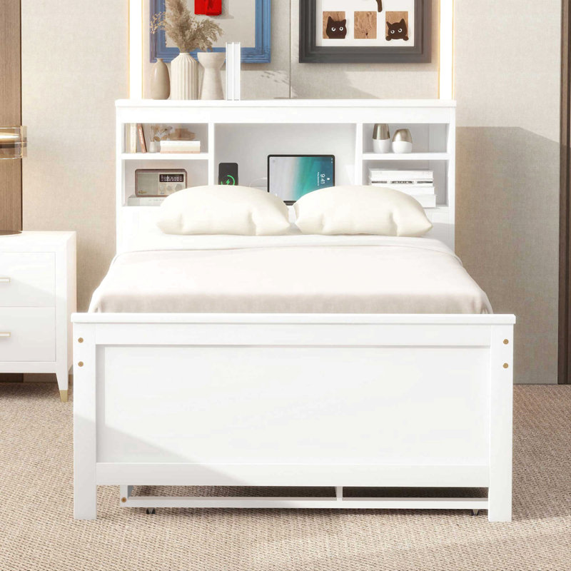 Platform Bed With Storage Headboard, White