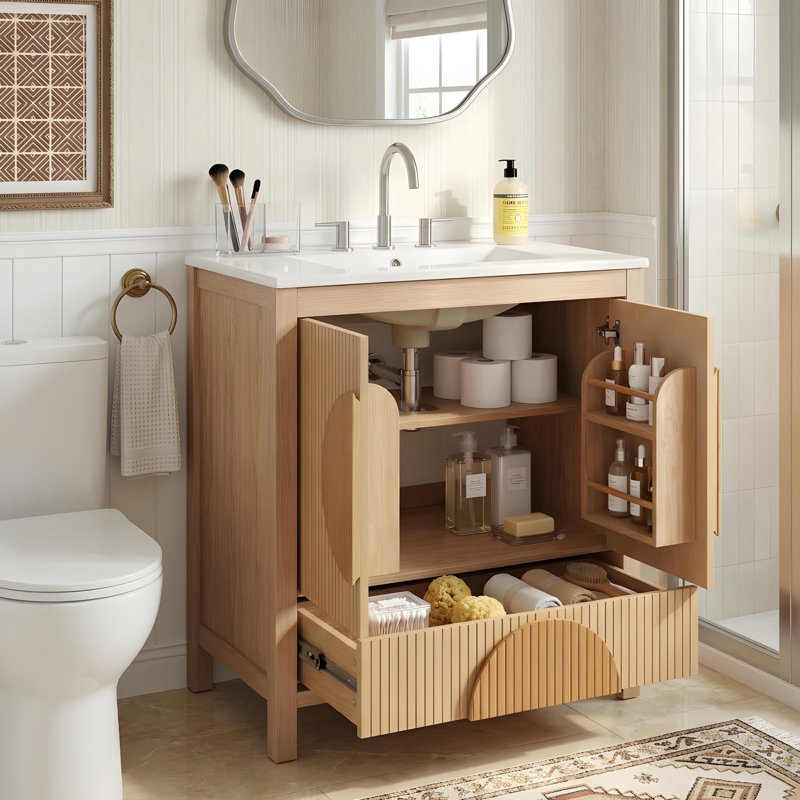 Meuble-lavabo de 30 po avec lavabo en céramique, portes à fermeture en douceur, tiroirs, tablettes réglables et support de porte