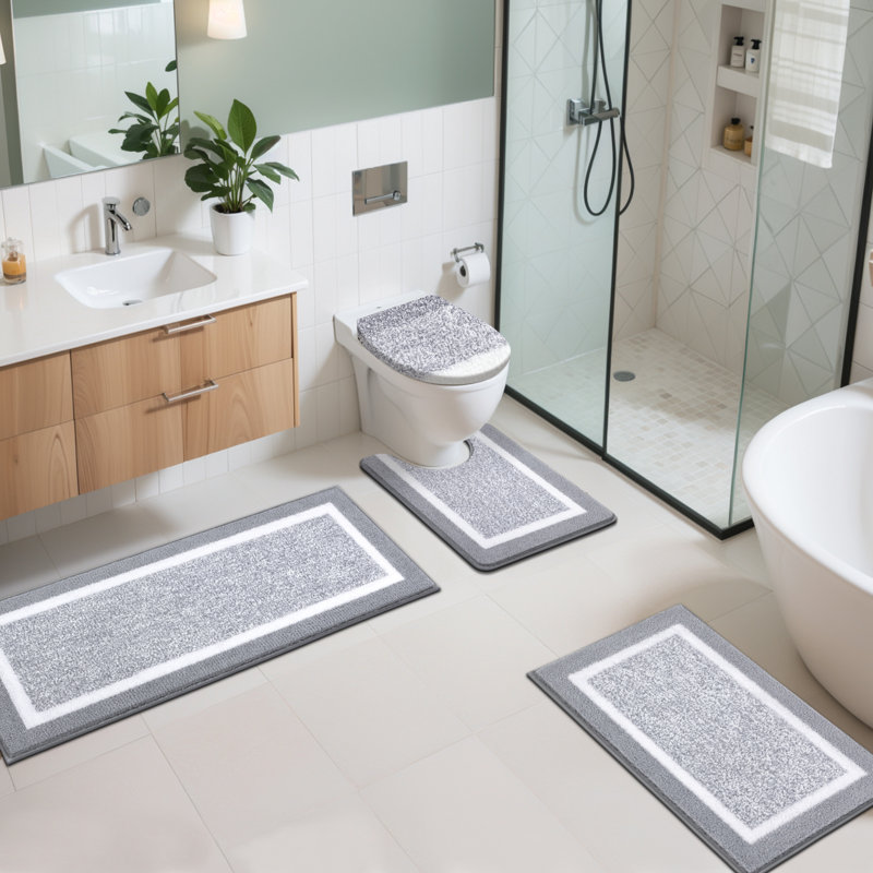 4 Piece Soft Absorbent Microfiber Bath Rug Set with Non-Slip Backing (Set of 4), Light Gray