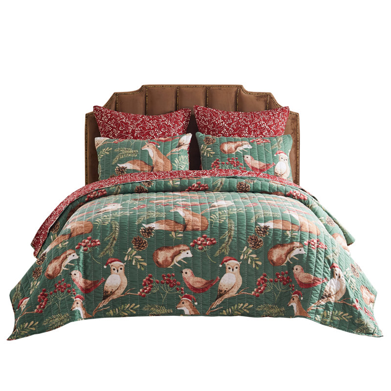 King Red Microfiber Reversible Holiday Quilt Set