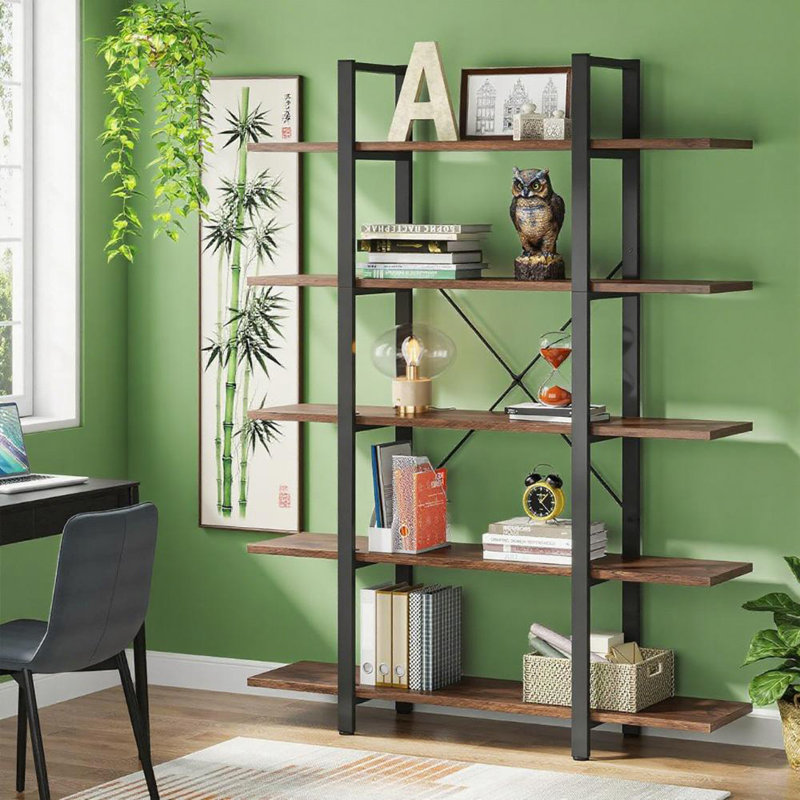 5-Tier Shelf Bookcase Metal Frame, Rustic/Brown