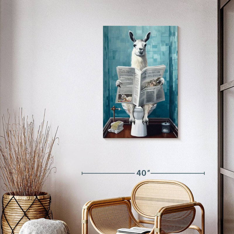Lama sur une toilette sur toile, H 36 po x l 24 po x P 1,25 po