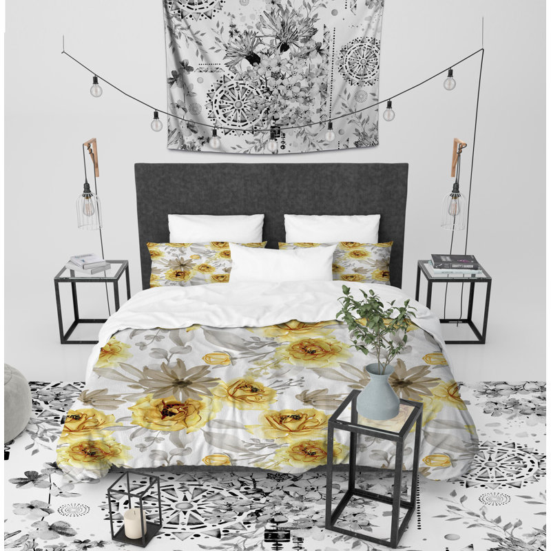 Gold Flowers Twill Duvet Cover, King Duvet Cover + 2 Pillow Cases