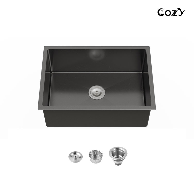 Évier de cuisine encastré à simple cuve en acier inoxydable de 27 po L avec crépine à panier, Noir mat