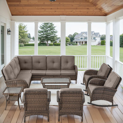 Serita Trym 9-Person Outdoor PE Wicker Patio Sectional Outdoor Conversation Set With Cushions