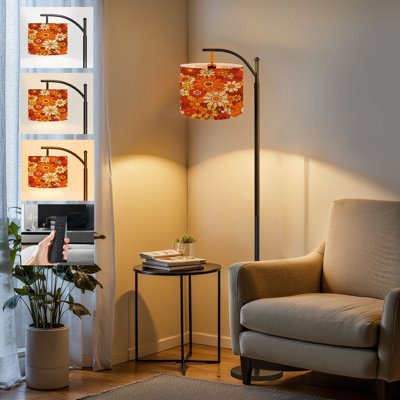 Arc Floor Lamp Boho Floral vintage seamless Hippie flower power retro textile print Tall Modern Standing Lamp LED Adjustable Linen Lampshade 3 Color Temperatures