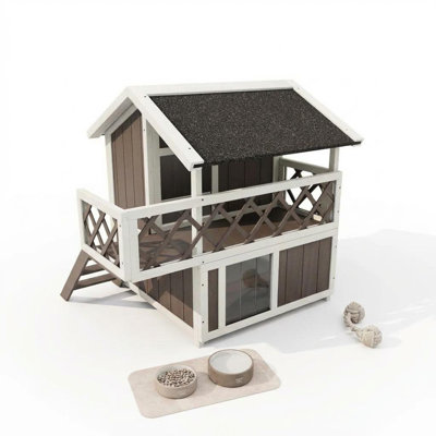 30 inch White Weatherproof 2-Story Outdoor Cat House with Escape Door Removable Asphalt Roof & Balcony Winter Shelter for Stray & Feral Cats
