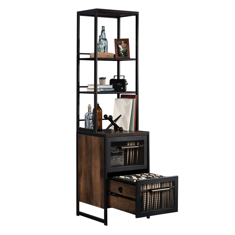 Bibliothèque étroite avec finition brune, design moderne pour le confort et la décoration du salon, finition grise avec une ambiance complémentaire, articles de rangement spacieux, tiroir de rangement ouvert, rangement organisé
