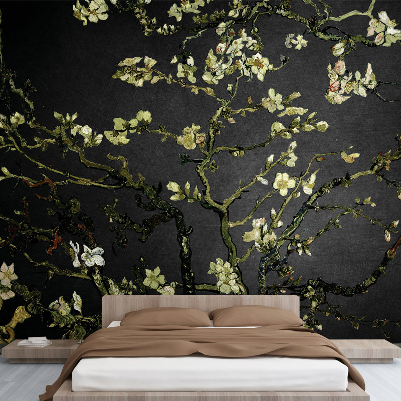 Almond Blossom Vincent Van Gogh, Floral Wall Mural, Vintage Boho Removable Contact Paper, 144" W x 100" L, Dark Gray