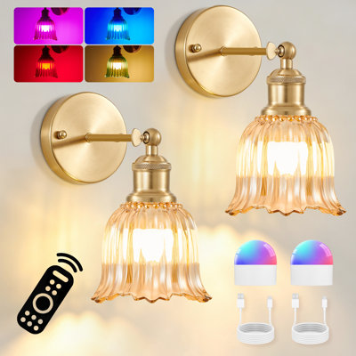 Set of 2 Battery Operated Wireless Wall Sconces with Rechargeable LED Bulbs and Remote Control, RGB Dimmable Lights with Tulip Glass Shades