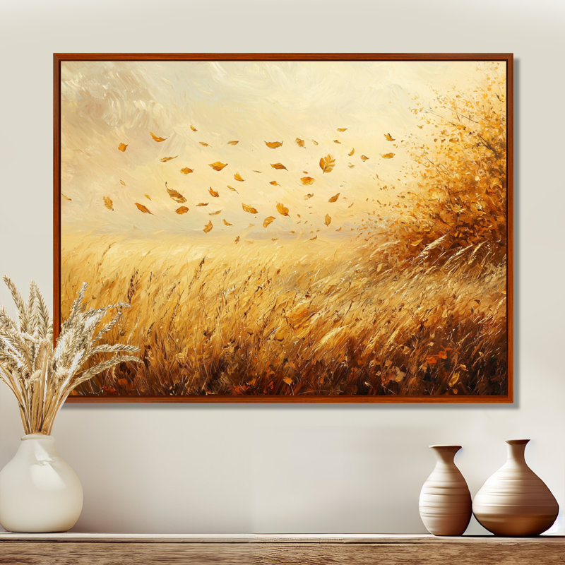 Autumn Windy Prairie Leaves II - feuilles, art mural, Brun, H 16 po x l 32 po, Floater Framed