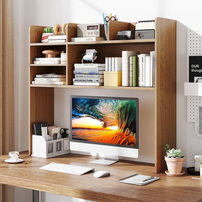 Bibliothèque de bureau à 3 niveaux avec 6 tablettes pour bureau d'ordinateur, Naturel