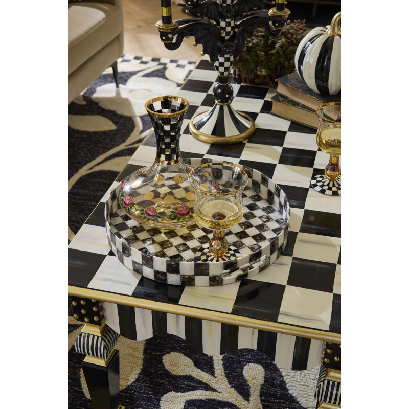 Check Capiz Round Tray, Gray/White