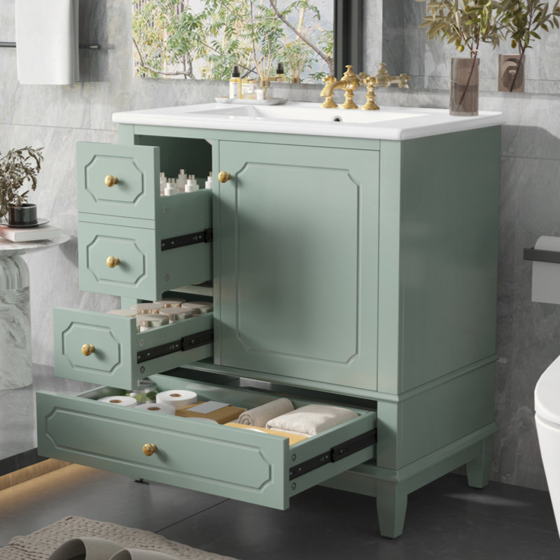 Meuble-lavabo de 30 po avec lavabo, meuble-lavabo autoportant avec lavabo en céramique, structure en bois massif, porte à fermeture en douceur, 3 tiroirs, panneau de fibres à densité moyenne peint et bois d'hévéa, tablettes de rangement incluses