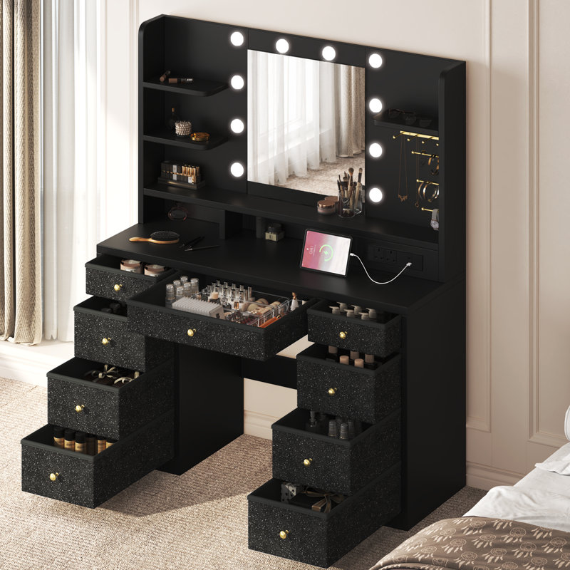 Dressing Table with LED Lighted Mirror, Charging Station (Power Outlets, Type-C & USB-A Ports), 9 Drawers, Black