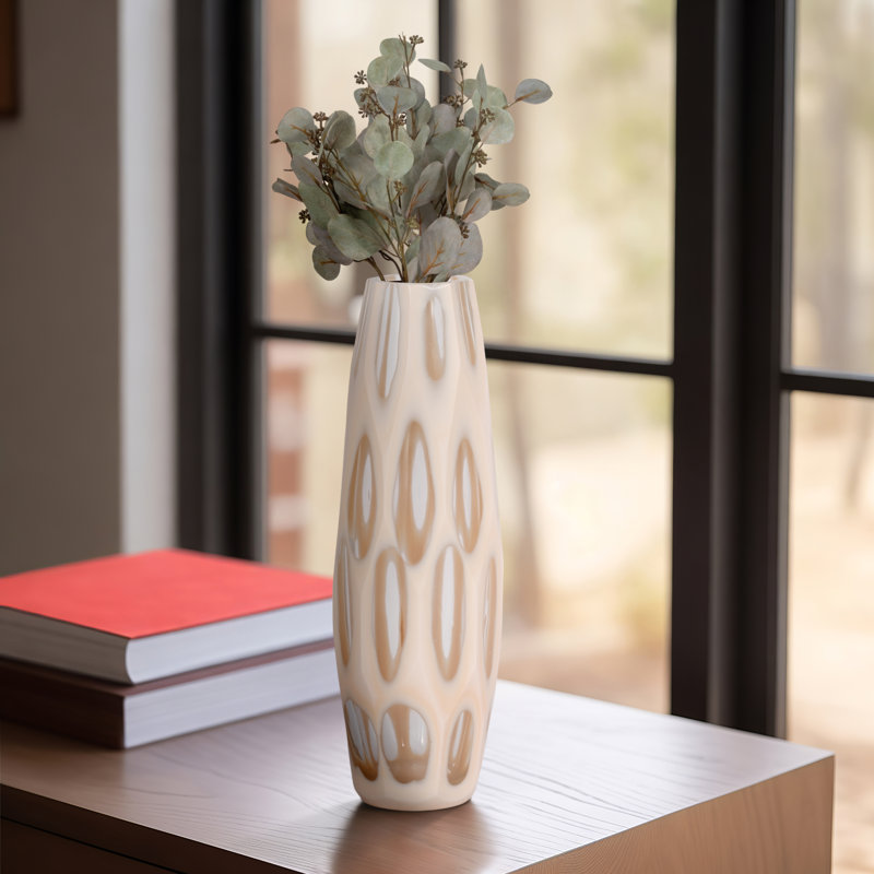Jocelyn Tall Decorative Textured Glass Vase for Home Decor – Contemporary Table Centerpiece Vase Perfect for Flower Arrangements or Living Room Decor – Tan