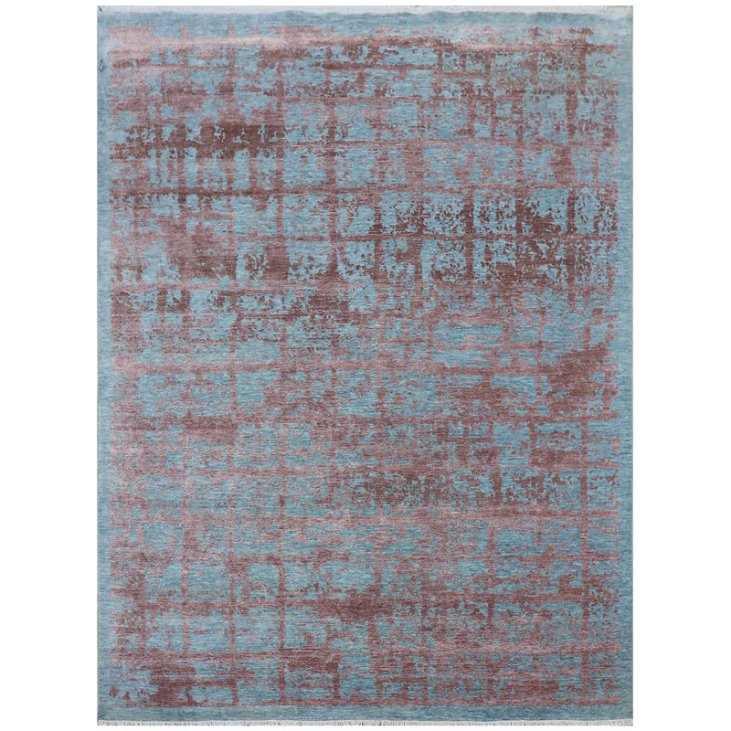 Tapis bleu clair / cuivre noué à la main de haute qualité, Rectangle 9 pi x 12 pi