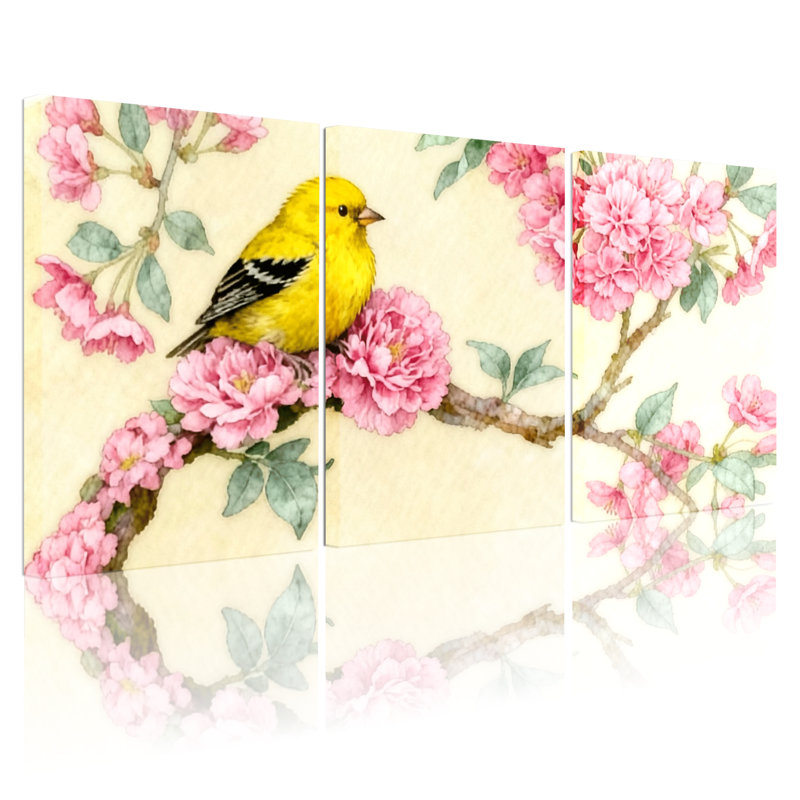 Oiseaux oiseaux jaunes sur une branche de fleur rose, ensemble de 3 impressions sur toile, H 18 po x l 36 po