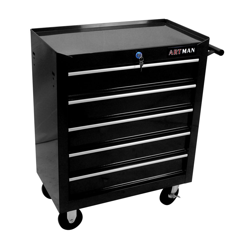 Coffre à outils 5 tiroirs, armoire de rangement pour outils pour le garage avec 4 roues et système de verrouillage, noir