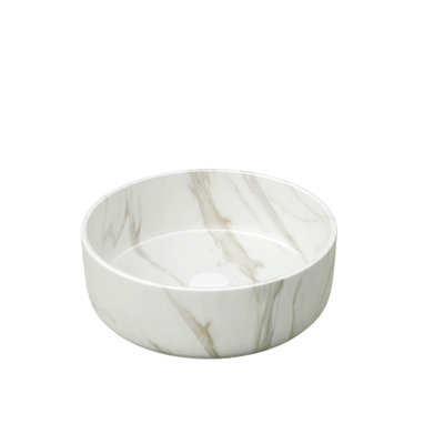 14 Inch Round Vessel Bathroom Sink Matte White Ceramic with Stone Pattern