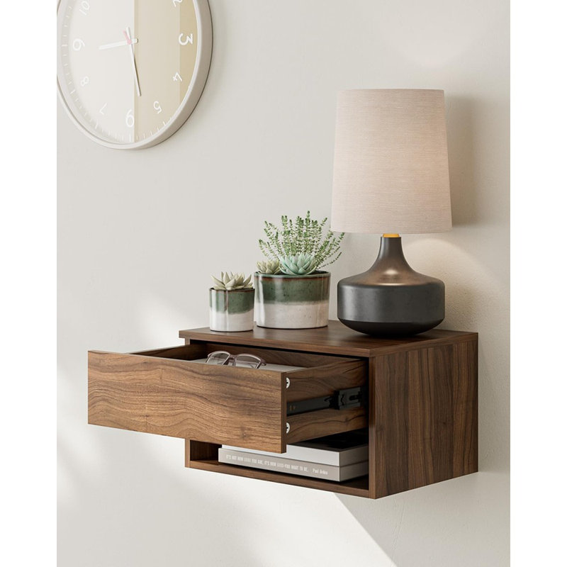 Table de chevet flottante avec tiroir, petite tablette murale moderne, noyer brun