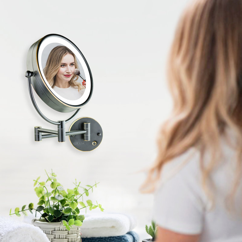 OVENTE 9" Lighted Wall Mount Makeup Mirror with 1X/7X Magnification, Double Sided Magnifying Bathroom Mirror, LED Glow Light, 360° Swivel Design, Extendable Folding Arm, Rubbed Bronze MPWD3185BZ1X7X