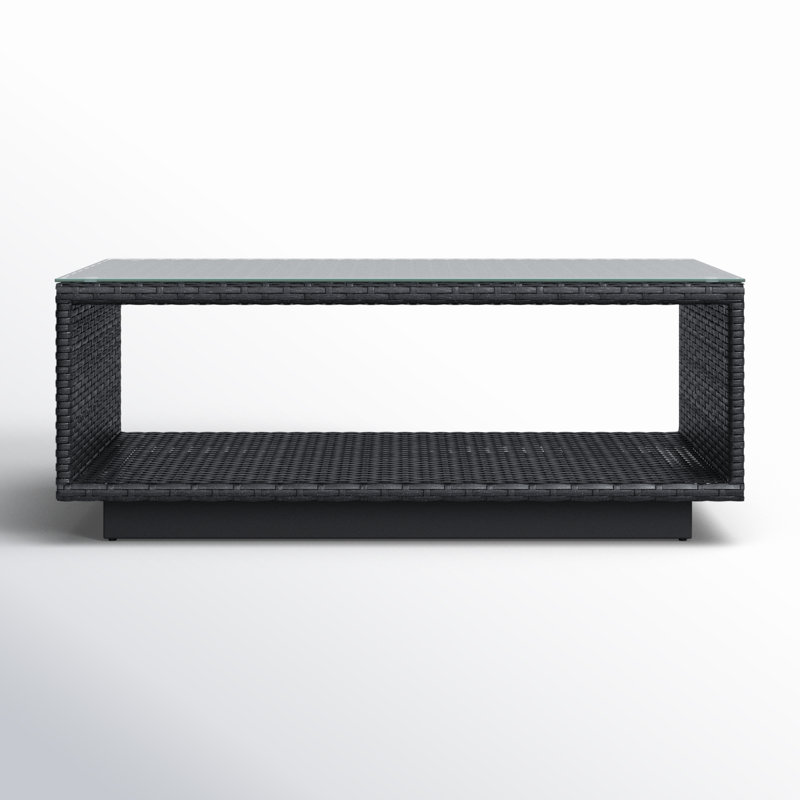 Aceline Wicker Outdoor Coffee Table with Glass Top and Shelf