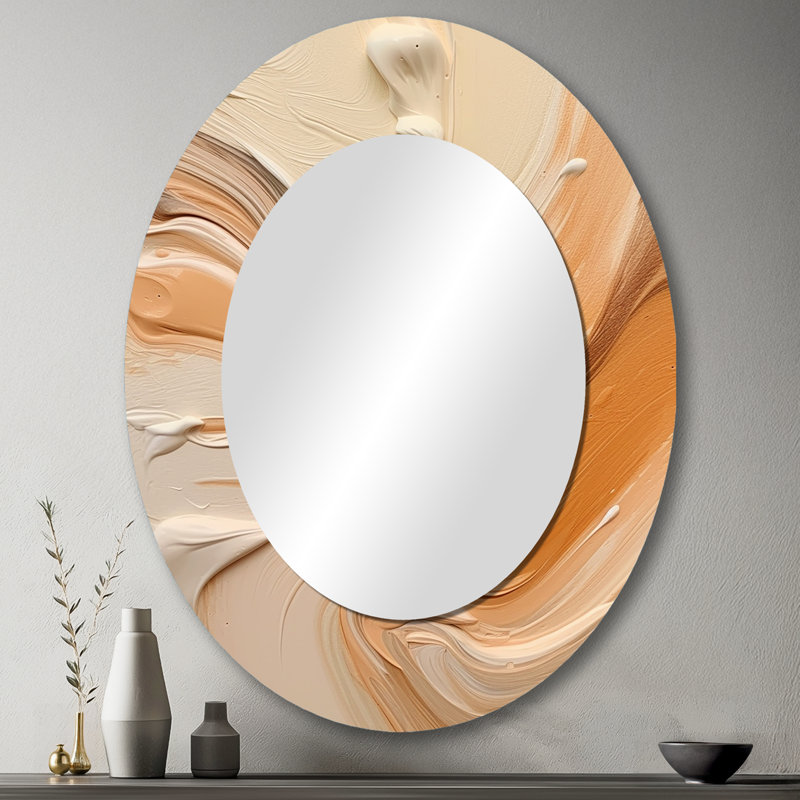 Orange And Beige Unbounded Imagination III - Abstract Oval Decorative Mirror On Metal, 43" x 33"