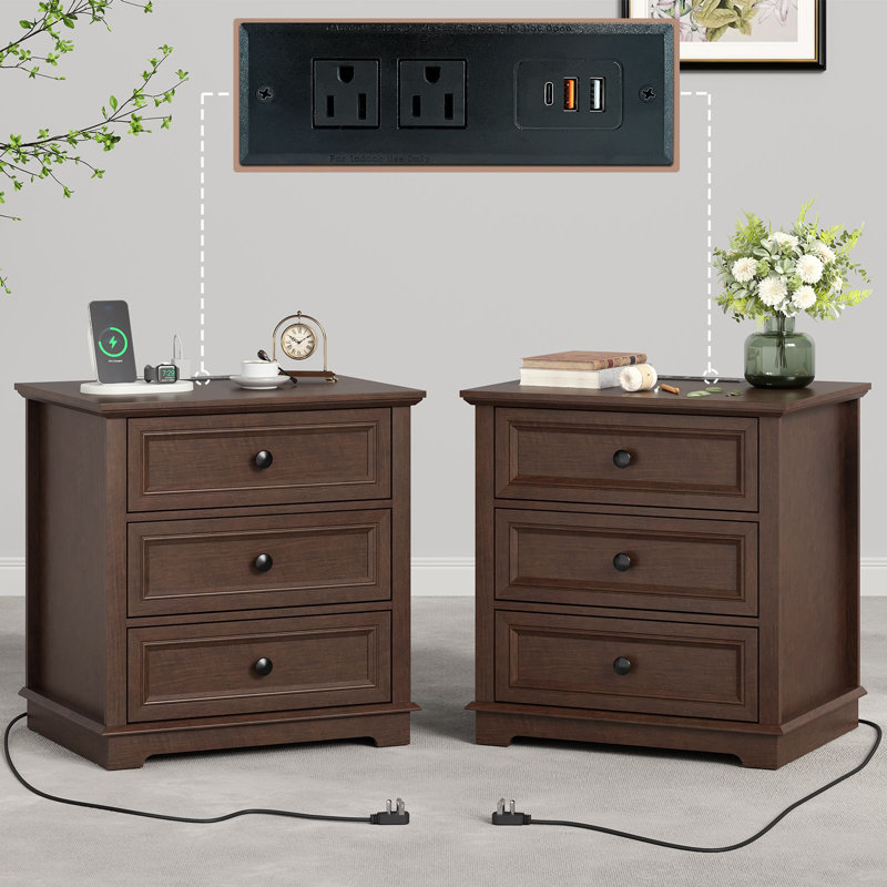 3-Drawer Beattie Sets with Storage and Built-in Outlets, Cherry