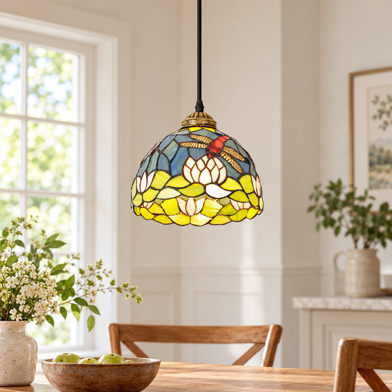 31.5" Dragonfly & Lotus Stained Glass Pendant Light, Antique Bronze Iron Frame, E26 Bulb Included