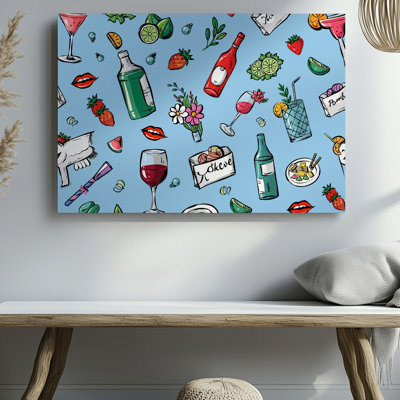 Toile, fond bleu clair éclatant avec un tableau d'art mural, illustrations de cocktails dessinés à la main avec un martini rose, art mural sur toile