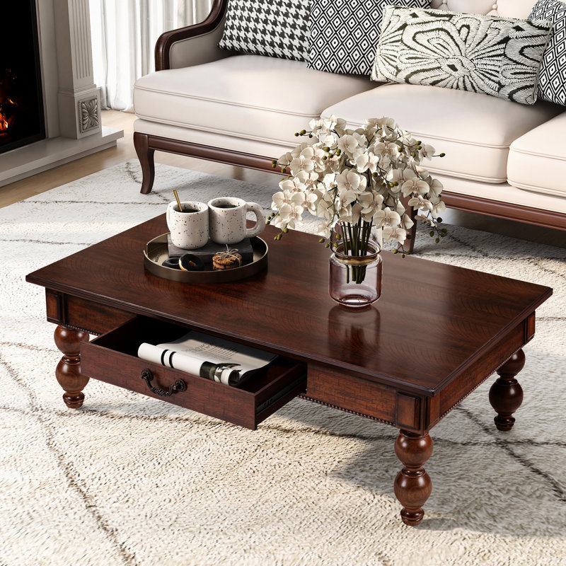 Table basse rectangulaire vintage en bois avec pieds en forme de gourde et espace de rangement, résistante aux hautes températures, facile à nettoyer, montée en 5 minutes, noyer, idéale pour le salon. Pieds en bois massif, rangement, qualité supérieure.