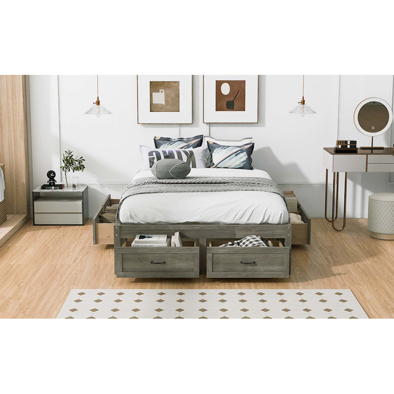 Lit plateforme avec 6 tiroirs de rangement, Gris antique, Lit double