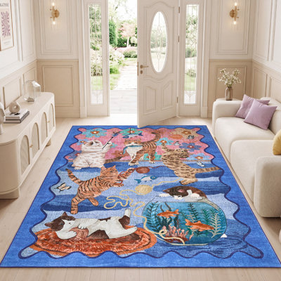 Vintage Cute Cat Pattern Washable Area Rug – Non-Slip Low Pile, No-Shedding Durable Floor Mat