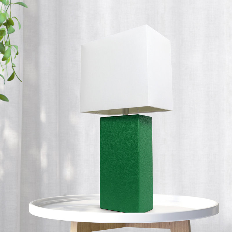 21" Leather Base Table Lamp with White Rectangular Linen Shade, Green, No, Clear