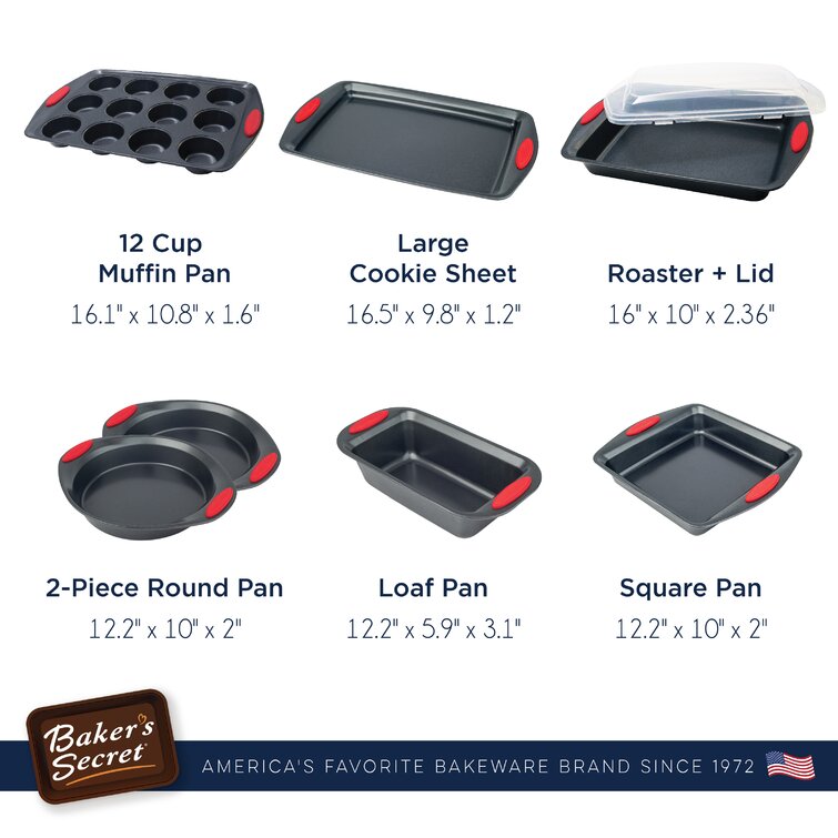Baker's Secret - 8 Pieces Bakeware Set - 2X Round Pan, 1X Square Pan, 1X  Loaf Pan, 1X Muffin Pan 12 Cups, 1X Cookie Sheet, 1 X Roaster, 1X Roaster  Lid, Non-Stick