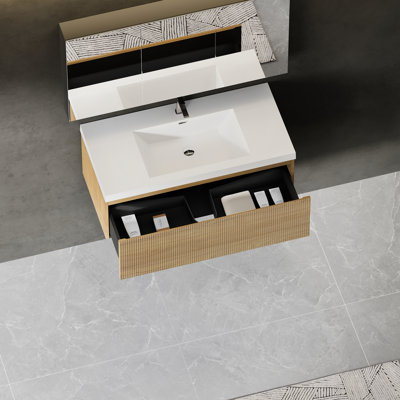 Meuble-lavabo flottant de 42 po avec grattoir blanc brillant, armoire de rangement texturée en chêne naturel, fermeture en douceur, panneaux muraux entièrement assemblés, lavabo, rails tampons silencieux, pré-assemblé pour