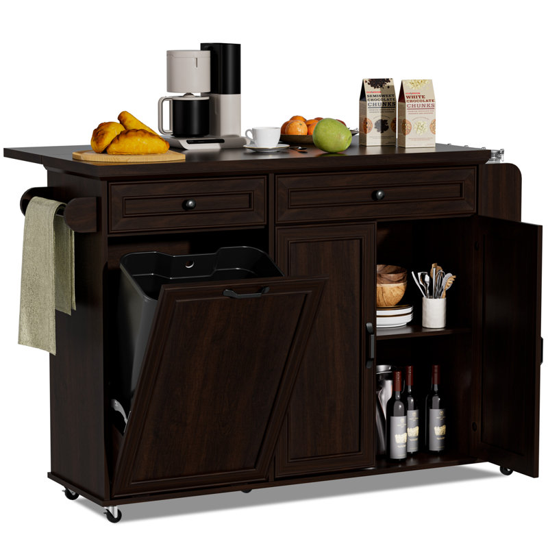 Kitchen Island With Trash Can Storage & Drop Leaf, Rolling Kitchen Cart With Drawers, 3-tier Spice Rack And Towel Rack, Island Table On Wheels For Kitchen, Dining Room