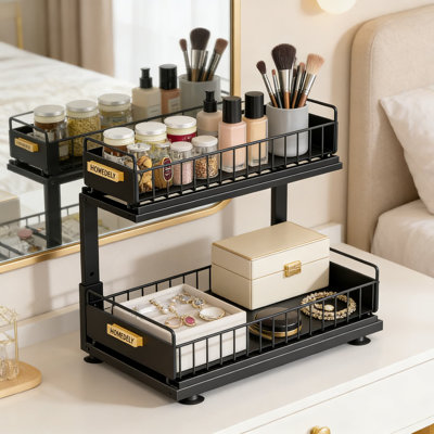 Under Sink Organizer Pull Out Drawer, 2 Tier Sliding Cabinet Organizer Shelf With L-Shape Design For Kitchen Bathroom Pantry, Heavy Duty Metal Storage Rack For Maximizing Vertical Space
