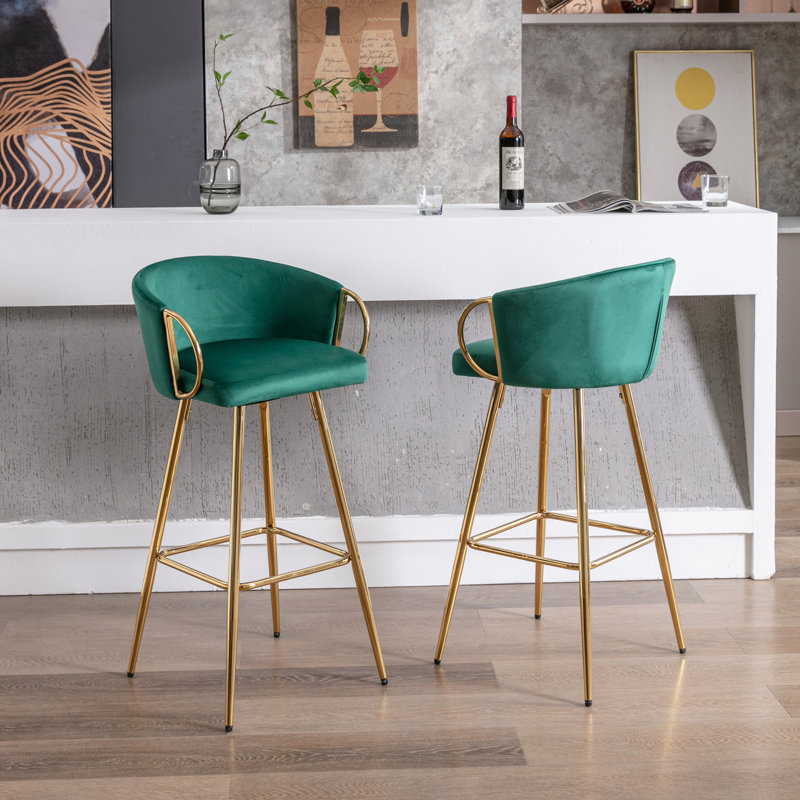  Bar Stools,With Chrome Footrest Velvet + Leg Simple Bar Stool, Green, Bar Stool (30" Seat Height)