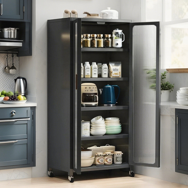 Armoire de rangement durable en métal à 6 niveaux avec portes transparentes, tablettes réglables et roulettes pour une utilisation polyvalente