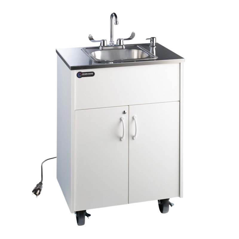 Ozark River Portable Sinks Premier S1, Black Laminate Cabinet/Stainless Sink Basin, Mobile Hot Water Hand Washing Station with Water Tanks, NSF-Certified No-Plumbing 110v Handwashing Sink with Wheels, Silver