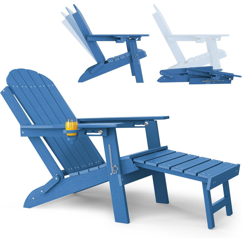 Chaises Adirondack pliantes toutes saisons avec repose-pieds, dossier réglable et 1 porte-gobelet pour l'extérieur, Blue