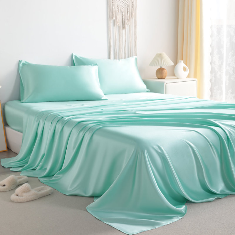 Ensemble de draps en satin 4 pièces Luxury, Couvre-lit double + 4 pièces supplémentaires, Turquoise