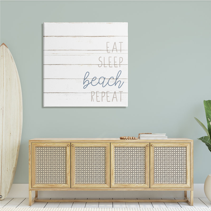 "Eat Sleep Beach", phrase répétée, planche blanche, art mural par Kim Allen, H 36 po x l 36 po x P 1,5 po, Toile tendue